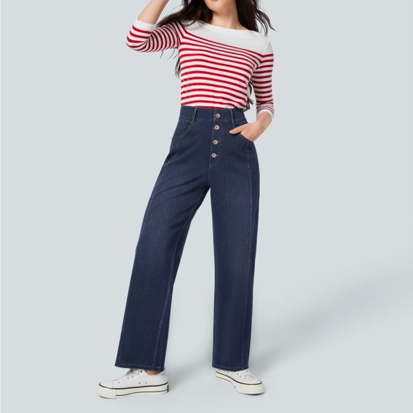 High Waisted Decorative Button Straight Leg Stretchy Casual Boyfriend Jeans - Picture 3 of 8